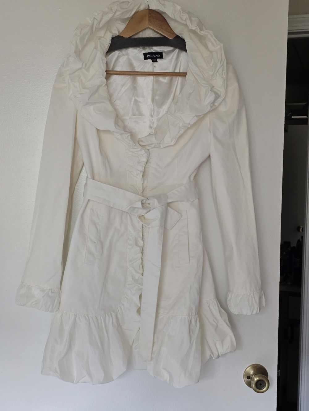 Bebe Ivory Ruffle-Trimmed Trench Coat with Belt Size Small, Like New. - Picture 16 of 17